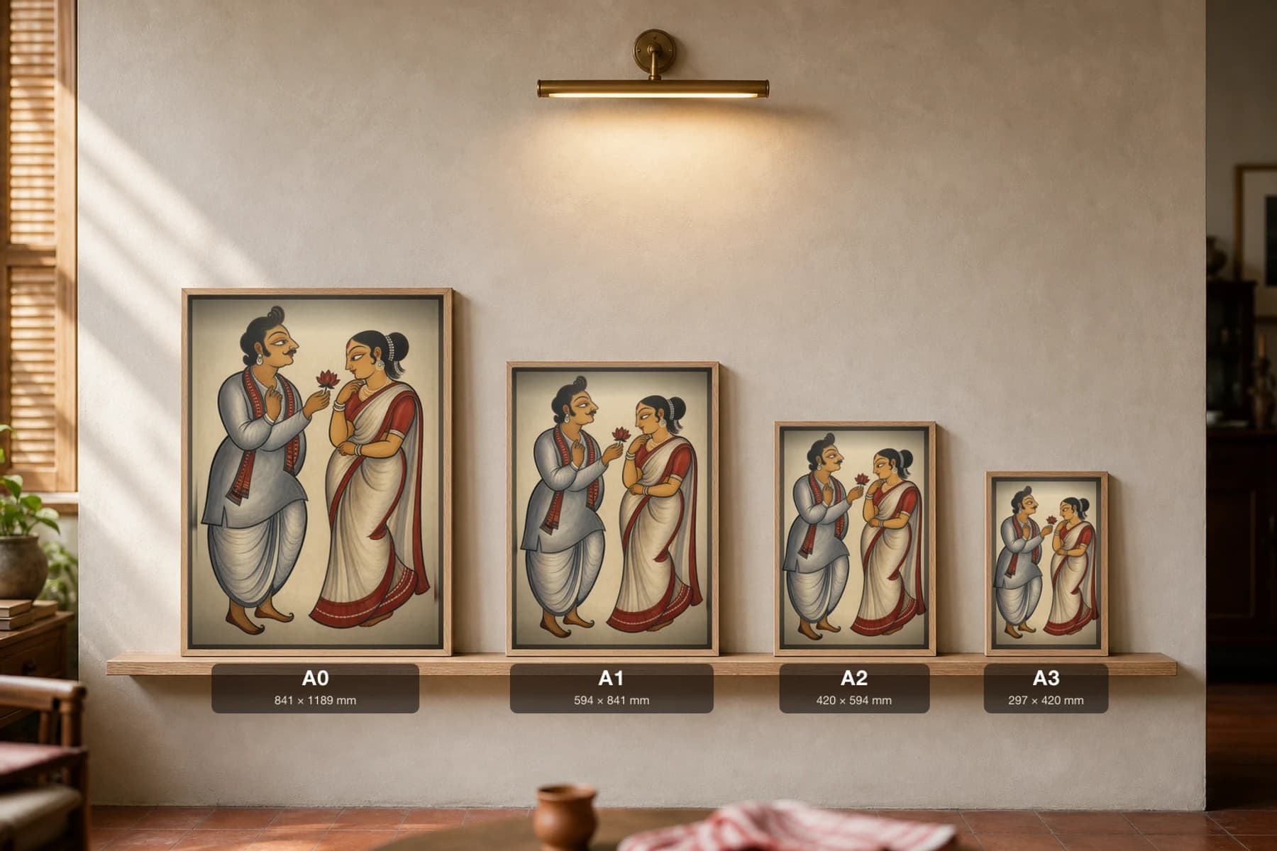 Babu and Courtesan Kalighat Print — the colonial dandy offers a lotus to the bibi, 19th-century Bengal patua social satire, hand-numbered collector edition — print size guide showing the artwork at A0, A1, A2 and A3 in natural-oak frames at true relative scale