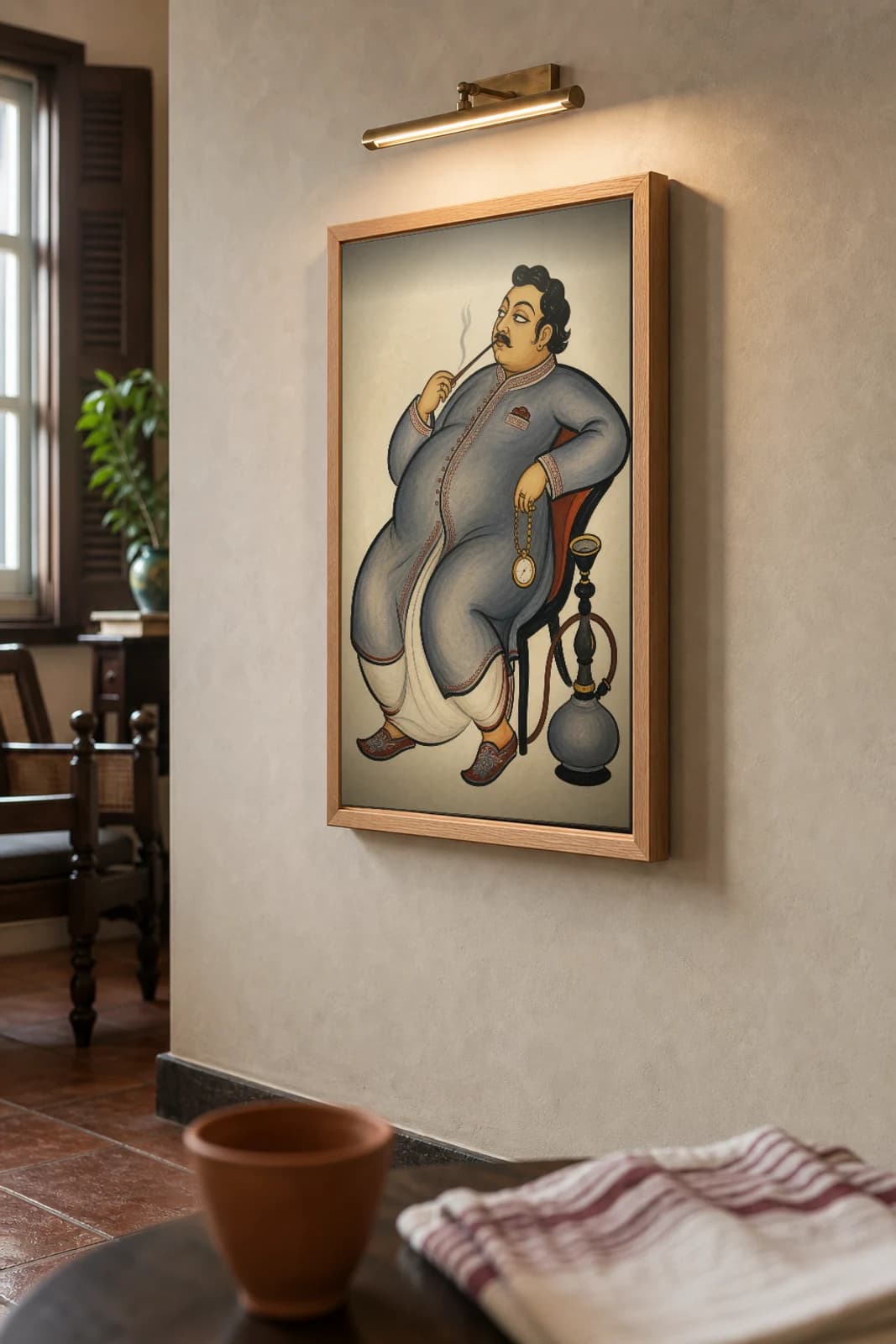 The Babu Kalighat Print — the corpulent colonial dandy reclining with hookah and pocket-watch, 19th-century Bengal patua satire, hand-numbered collector edition — the framed print shown at a three-quarter angle on a styled gallery wall in a natural-oak frame