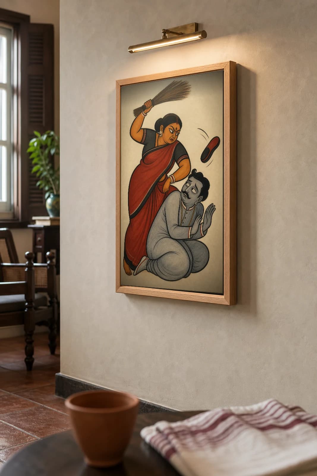 Wife Wields the Broom Kalighat Print — the wronged wife beats the cowering babu with a broom and flying slipper, 19th-century Bengal patua satire, hand-numbered collector edition — the framed print shown at a three-quarter angle on a styled gallery wall in a natural-oak frame