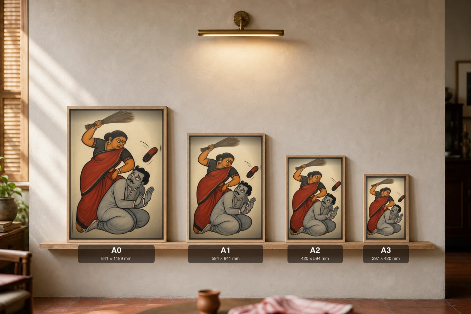 Wife Wields the Broom Kalighat Print — the wronged wife beats the cowering babu with a broom and flying slipper, 19th-century Bengal patua satire, hand-numbered collector edition — print size guide showing the artwork at A0, A1, A2 and A3 in natural-oak frames at true relative scale