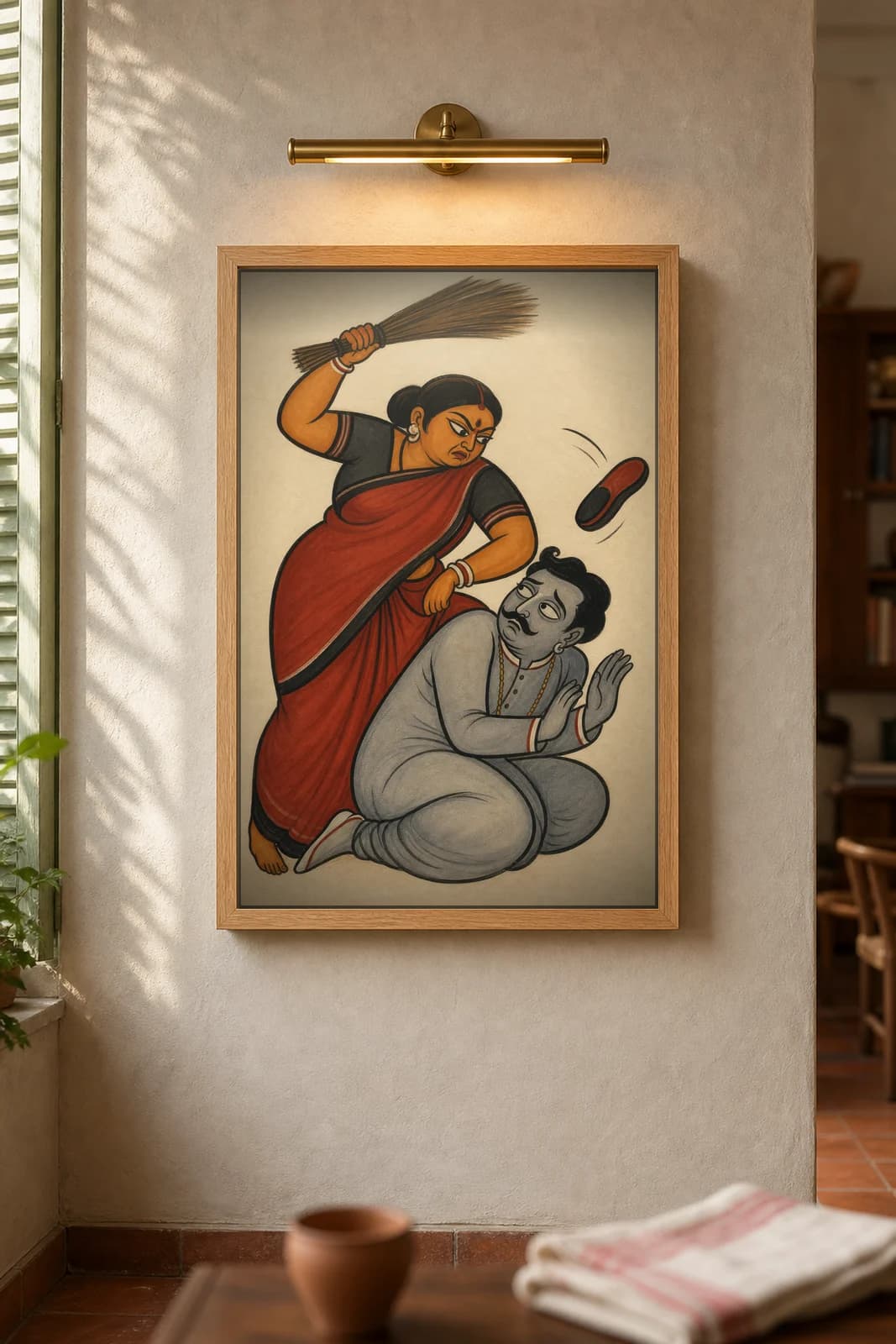Wife Wields the Broom — framed museum print, Kalighat