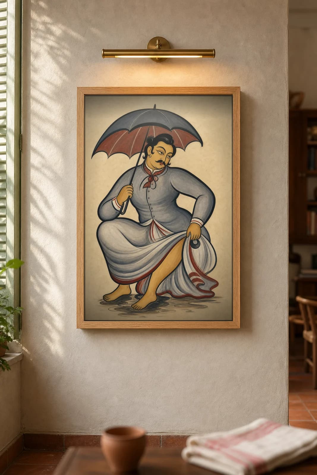 Babu in the Rain — framed museum print, Kalighat