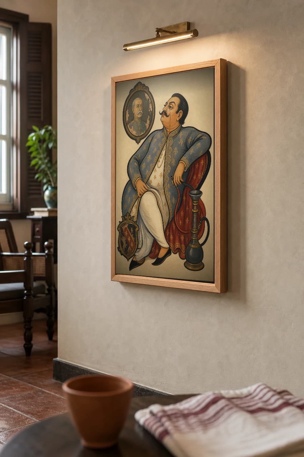 The Bonedi Snob Kalighat Print — the old-money aristocrat reclining with hookah, ancestor portrait and family crest, contemporary Bengal patua satire, hand-numbered collector edition — the framed print shown at a three-quarter angle on a styled gallery wall in a natural-oak frame