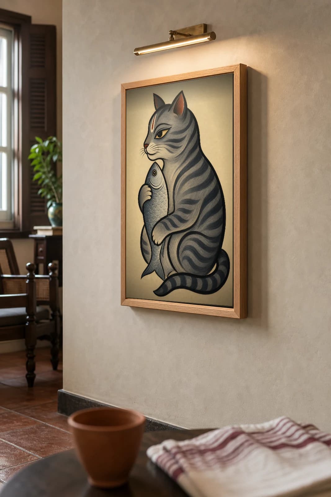 Cat with Fish Kalighat Print — the pious-marked tabby clutching a stolen fish, the famous Bengal patua emblem of hypocrisy, hand-numbered collector edition — the framed print shown at a three-quarter angle on a styled gallery wall in a natural-oak frame