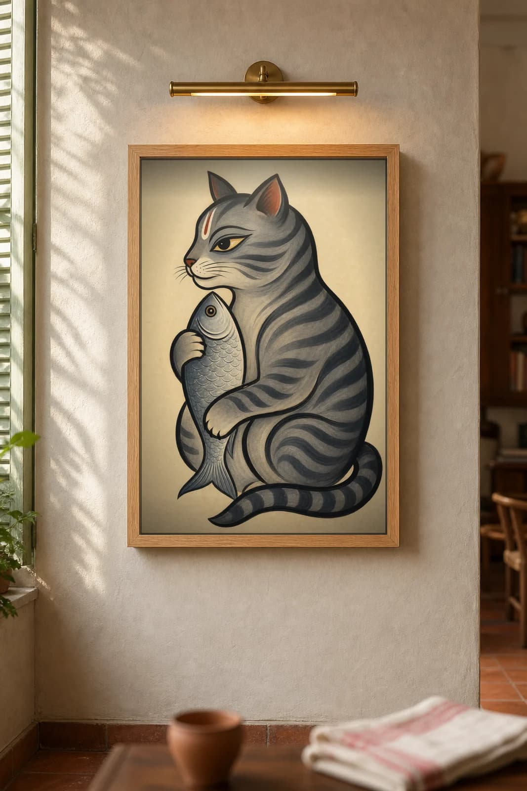 Cat with Fish — framed museum print, Kalighat