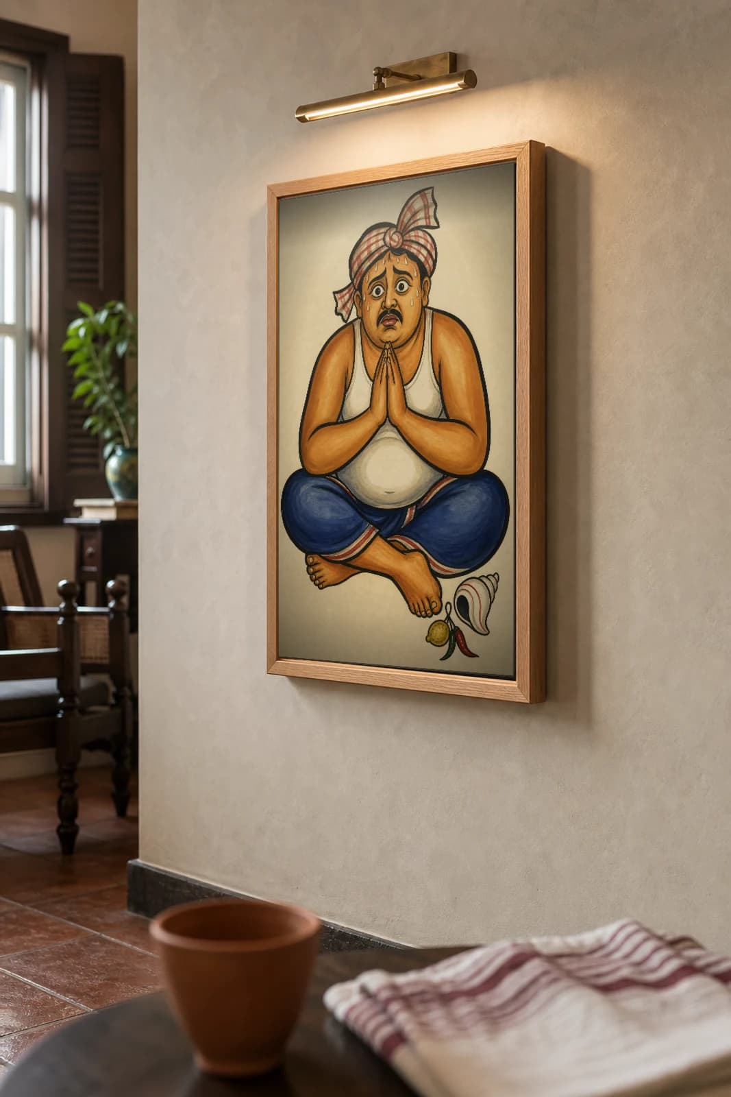 The Lucky-Seat Fan Kalighat Print — the sweating cricket devotee praying in his lucky vest with lemon-chilli charm, contemporary Bengal patua satire, hand-numbered collector edition — the framed print shown at a three-quarter angle on a styled gallery wall in a natural-oak frame