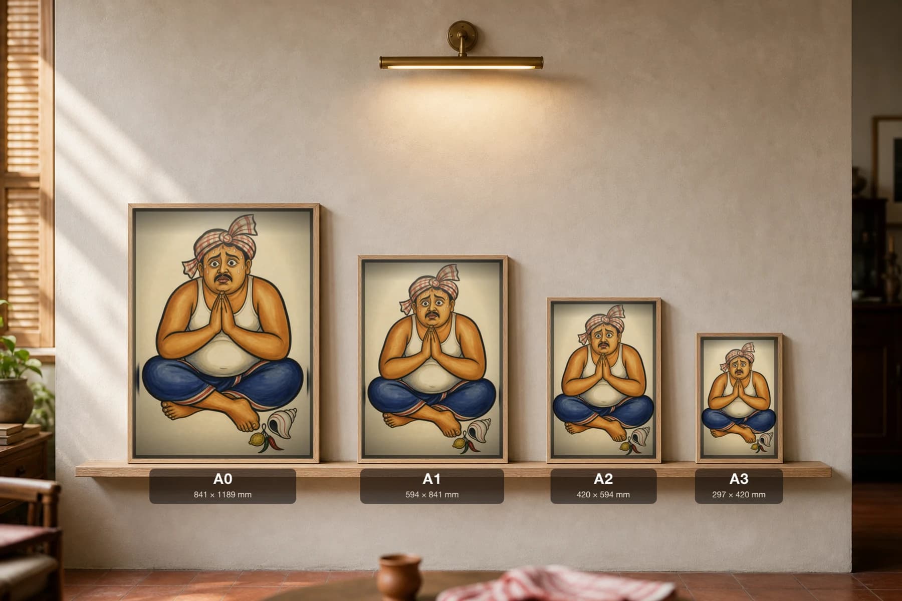 The Lucky-Seat Fan Kalighat Print — the sweating cricket devotee praying in his lucky vest with lemon-chilli charm, contemporary Bengal patua satire, hand-numbered collector edition — print size guide showing the artwork at A0, A1, A2 and A3 in natural-oak frames at true relative scale