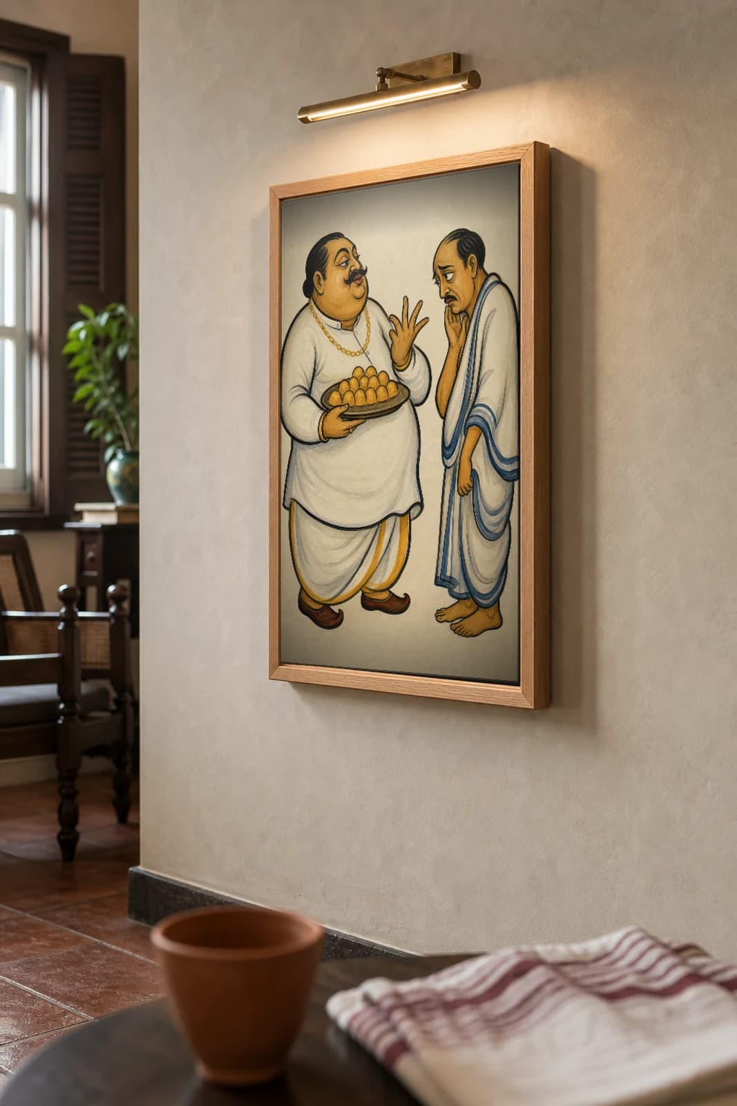 The In-Law Kalighat Print — the smug gold-chained father-in-law pressing a plate of laddus on a cornered, anxious man, contemporary Bengal patua satire, hand-numbered collector edition — the framed print shown at a three-quarter angle on a styled gallery wall in a natural-oak frame