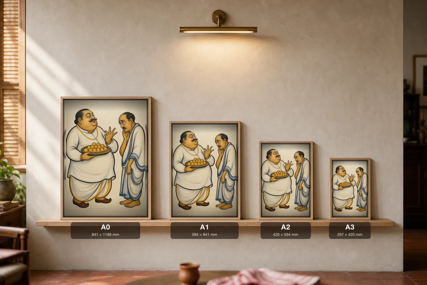 The In-Law Kalighat Print — the smug gold-chained father-in-law pressing a plate of laddus on a cornered, anxious man, contemporary Bengal patua satire, hand-numbered collector edition — print size guide showing the artwork at A0, A1, A2 and A3 in natural-oak frames at true relative scale