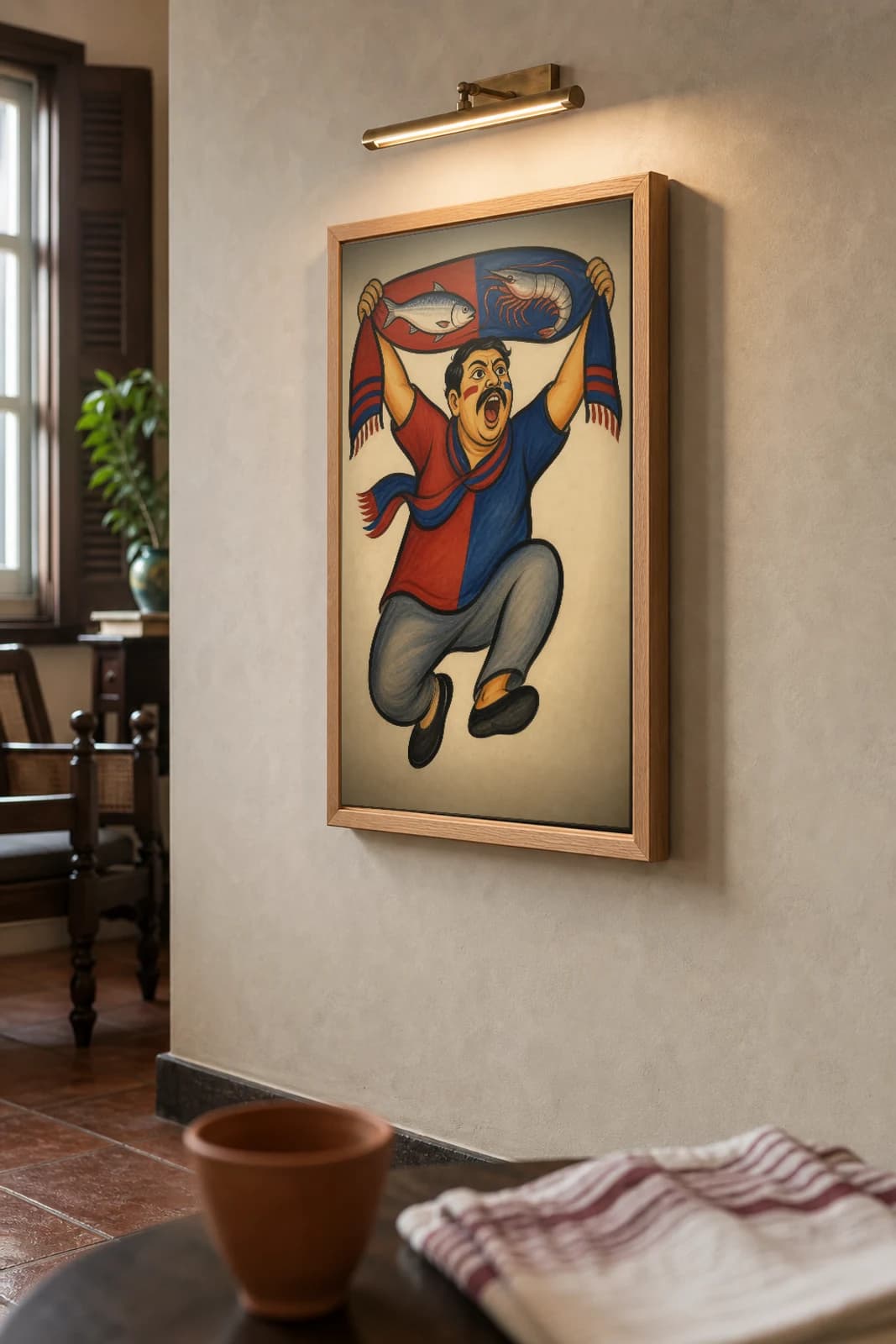The Maath Fanatic Kalighat Print — the leaping Kolkata football devotee roaring with a fish-and-prawn club scarf overhead, contemporary Bengal patua satire, hand-numbered collector edition — the framed print shown at a three-quarter angle on a styled gallery wall in a natural-oak frame