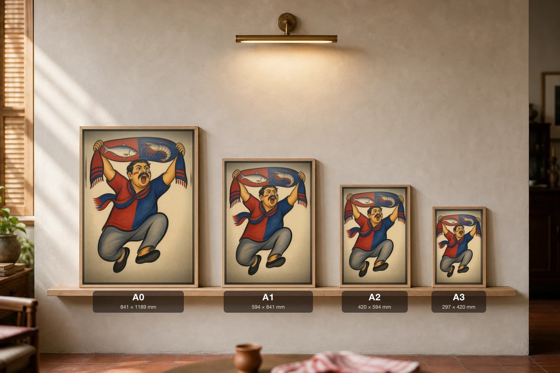 The Maath Fanatic Kalighat Print — the leaping Kolkata football devotee roaring with a fish-and-prawn club scarf overhead, contemporary Bengal patua satire, hand-numbered collector edition — print size guide showing the artwork at A0, A1, A2 and A3 in natural-oak frames at true relative scale