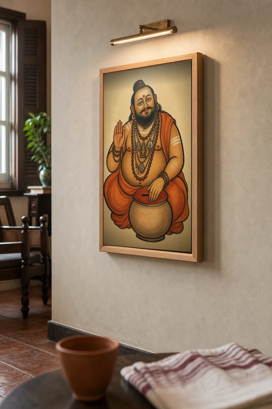 The Godman Kalighat Print — the jewelled saffron guru raising a blessing hand over a brass donation pot, contemporary Bengal patua satire, hand-numbered collector edition — the framed print shown at a three-quarter angle on a styled gallery wall in a natural-oak frame