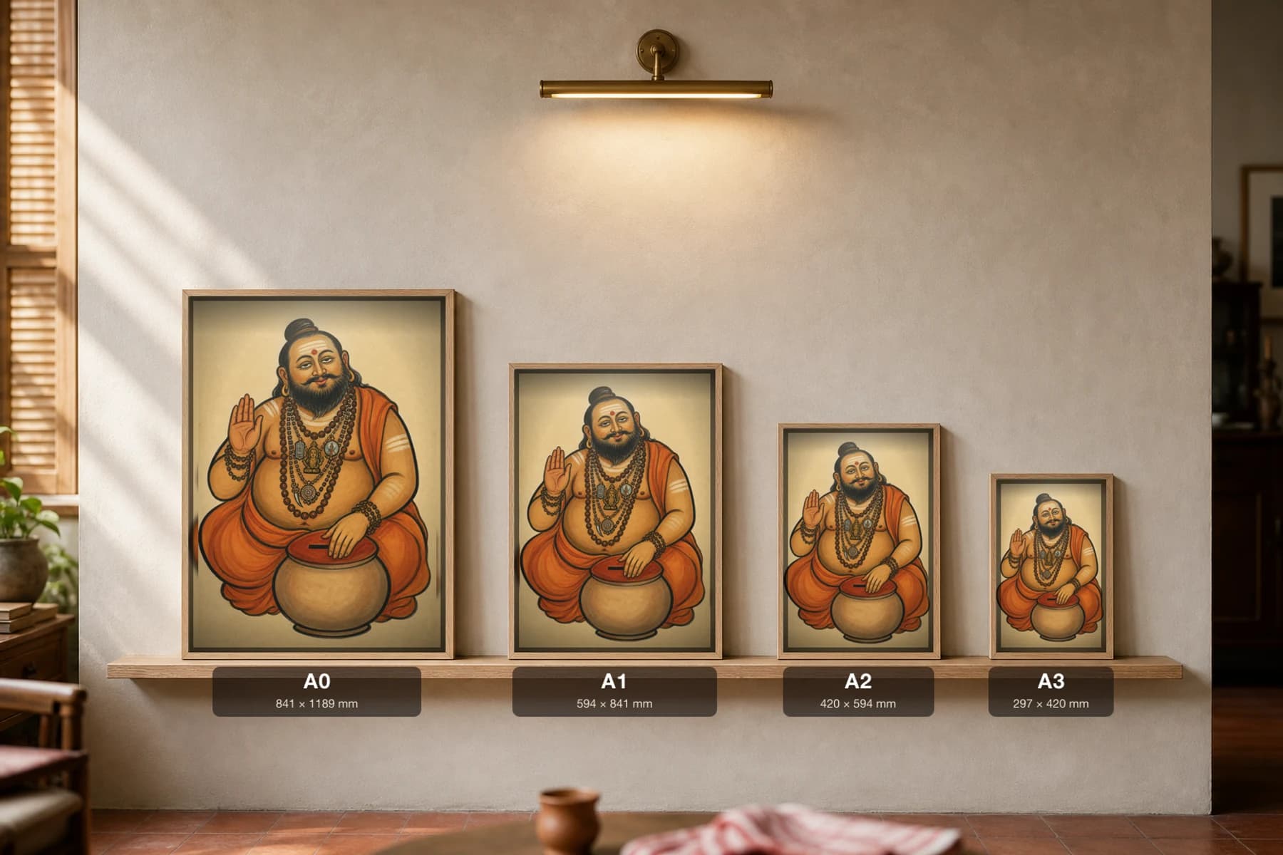 The Godman Kalighat Print — the jewelled saffron guru raising a blessing hand over a brass donation pot, contemporary Bengal patua satire, hand-numbered collector edition — print size guide showing the artwork at A0, A1, A2 and A3 in natural-oak frames at true relative scale