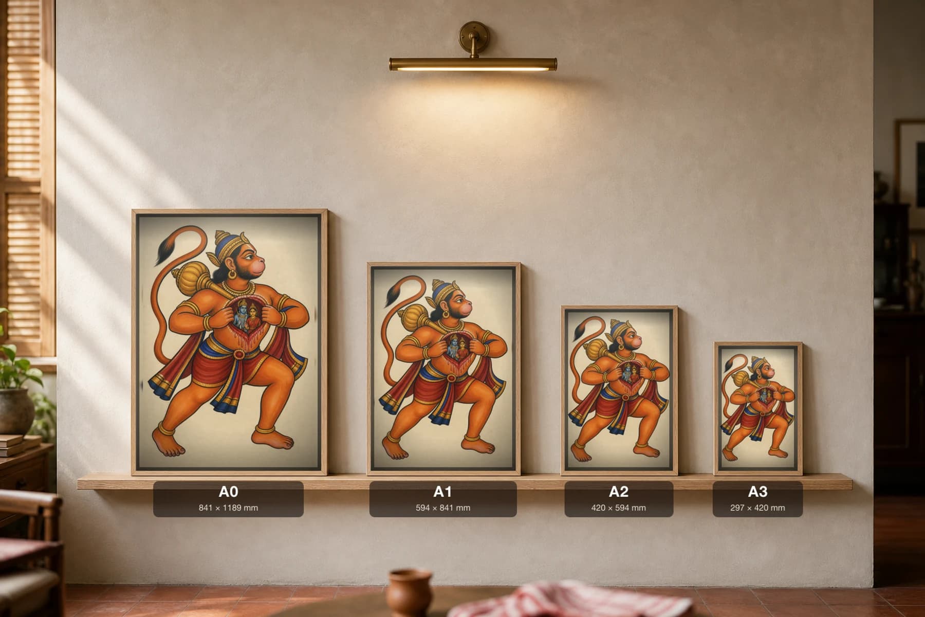 Hanuman Kalighat Print — the devoted monkey-god parting his chest to reveal Rama and Sita within, mace at his shoulder, devotional Bengal patua brush, hand-numbered collector edition — print size guide showing the artwork at A0, A1, A2 and A3 in natural-oak frames at true relative scale