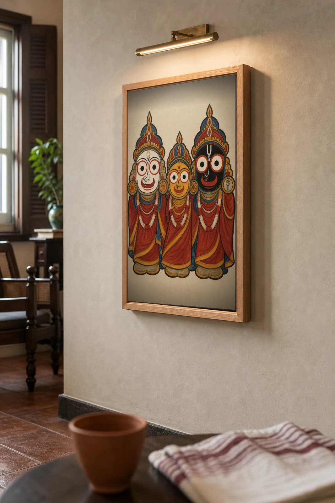 Jagannath Trio Kalighat Print — Jagannath, Balabhadra and Subhadra with their great round eyes, devotional Bengal patua brush, hand-numbered collector edition — the framed print shown at a three-quarter angle on a styled gallery wall in a natural-oak frame