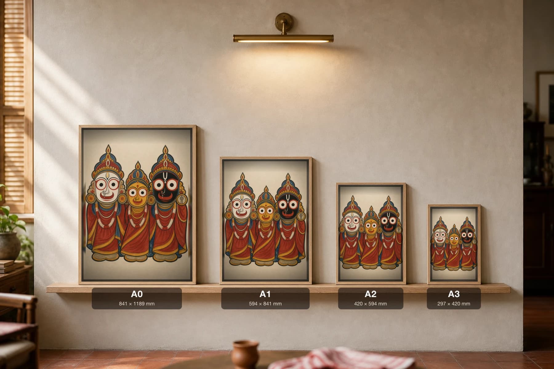 Jagannath Trio Kalighat Print — Jagannath, Balabhadra and Subhadra with their great round eyes, devotional Bengal patua brush, hand-numbered collector edition — print size guide showing the artwork at A0, A1, A2 and A3 in natural-oak frames at true relative scale