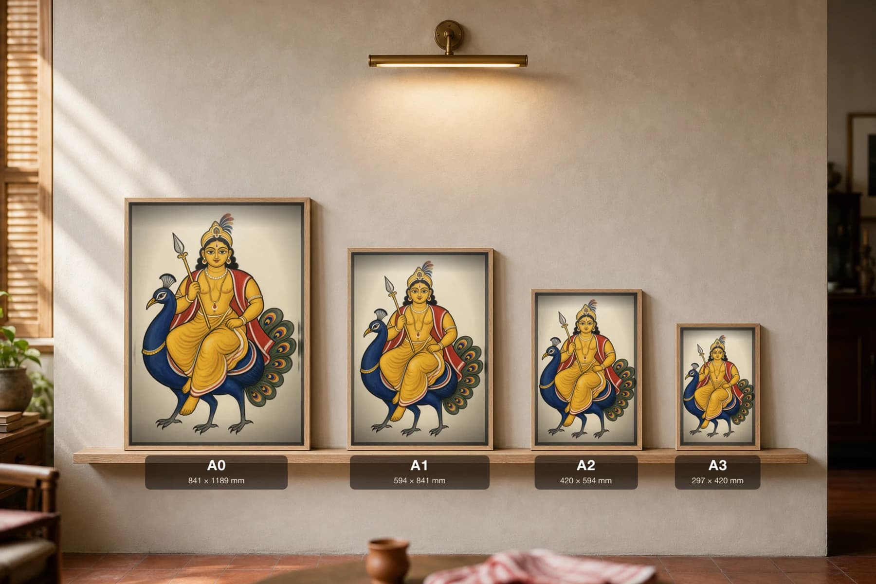 Kartik Kalighat Print — the handsome war-god seated on his peacock with a silver spear, a Bengali household favourite, devotional patua brush, hand-numbered collector edition — print size guide showing the artwork at A0, A1, A2 and A3 in natural-oak frames at true relative scale