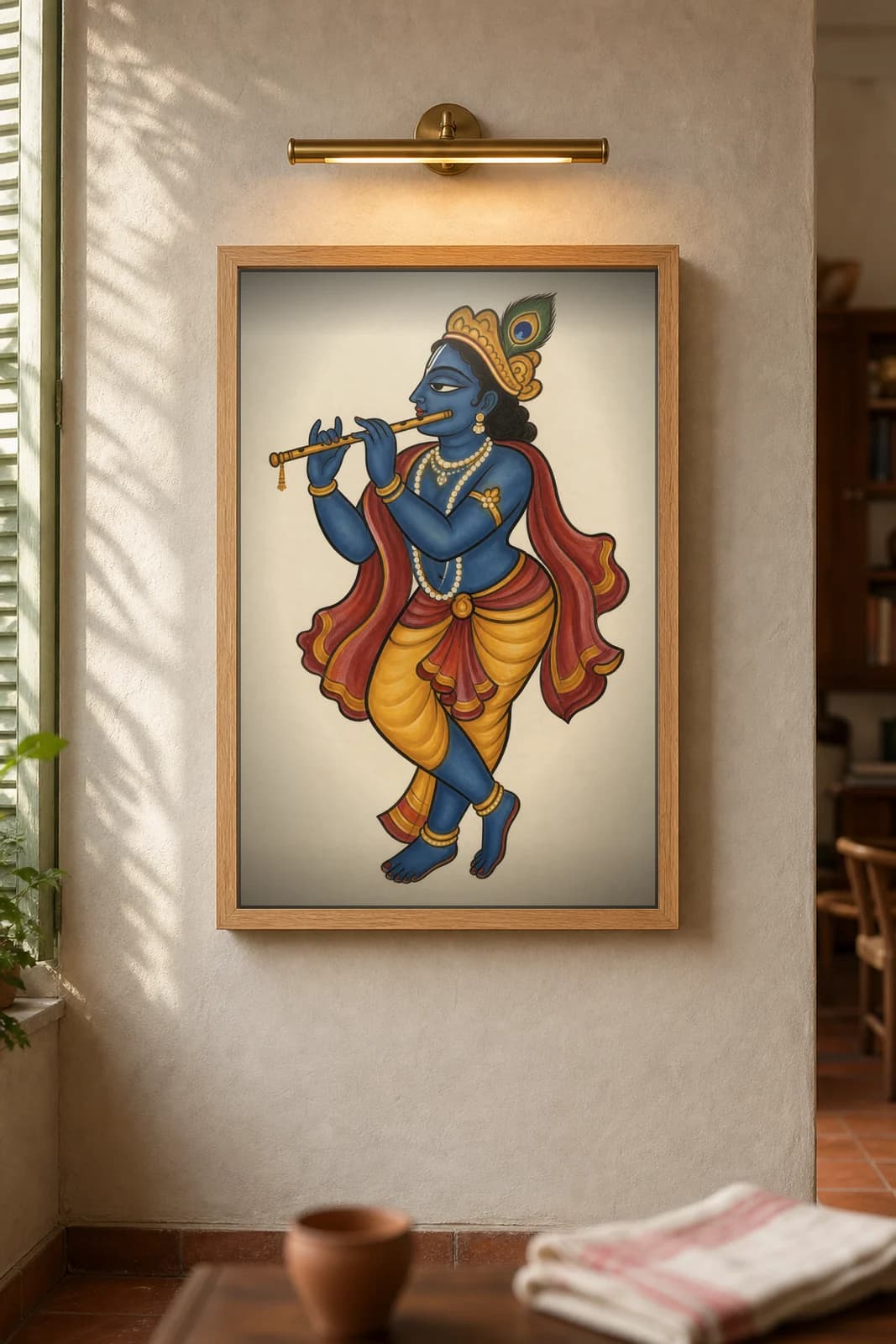 Krishna Bansuri — framed museum print, Kalighat
