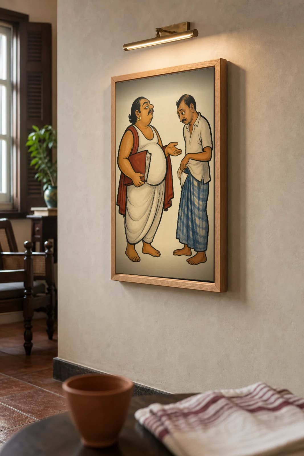 The Bariwala — Kalighat-style art print of the rent-collecting landlord facing his tenant, Bengal patua brush · collector edition · framed A2 — the framed print shown at a three-quarter angle on a styled gallery wall in a natural-oak frame