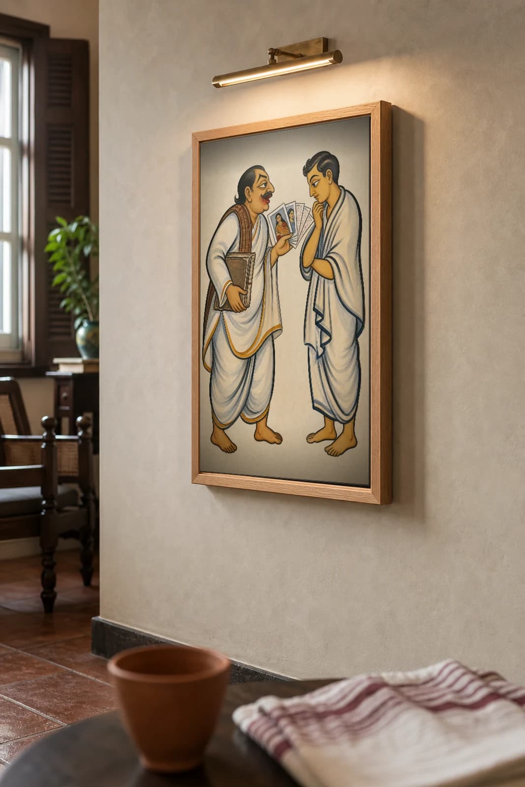 The Ghatak — Kalighat-style art print of the marriage-broker fanning bride photographs at a wary suitor, Bengal patua brush · collector edition · framed A2 — the framed print shown at a three-quarter angle on a styled gallery wall in a natural-oak frame