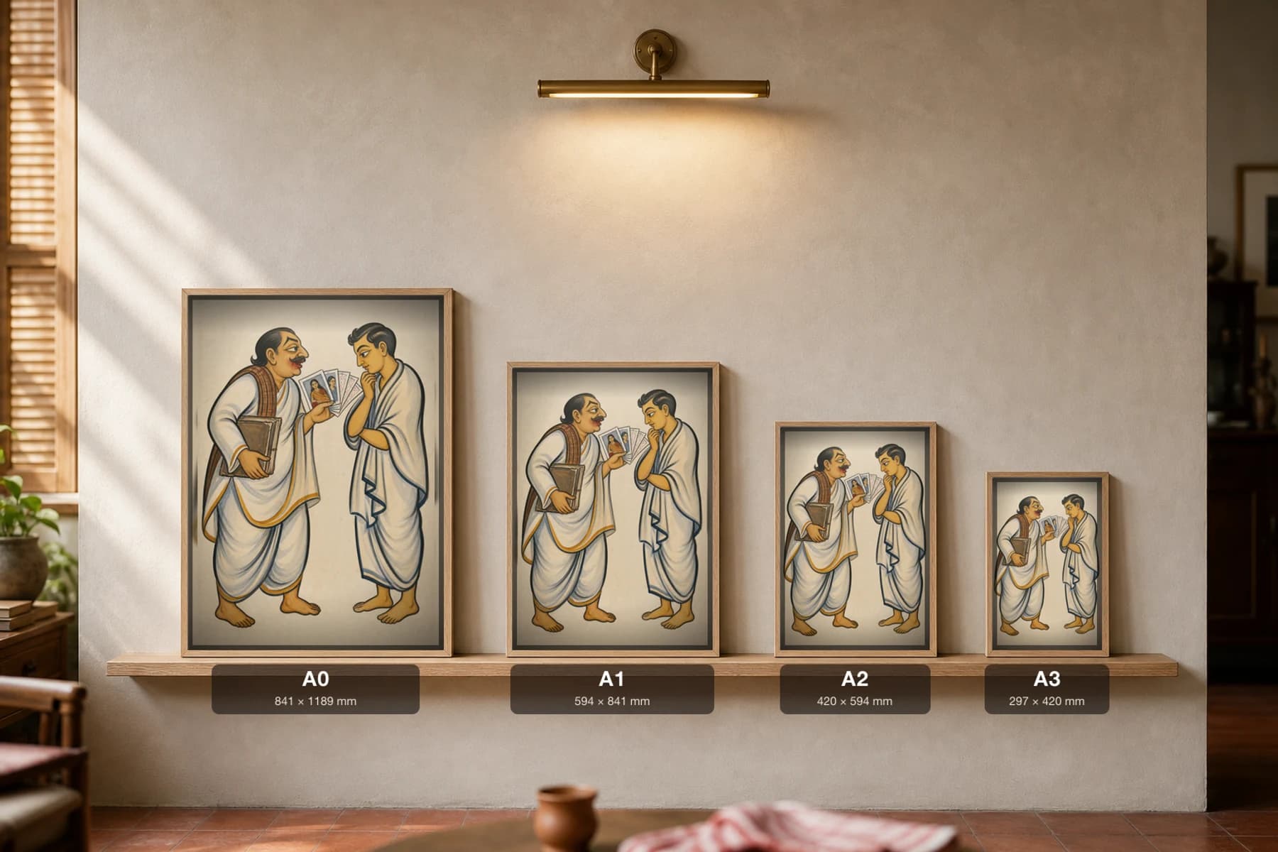 The Ghatak — Kalighat-style art print of the marriage-broker fanning bride photographs at a wary suitor, Bengal patua brush · collector edition · framed A2 — print size guide showing the artwork at A0, A1, A2 and A3 in natural-oak frames at true relative scale