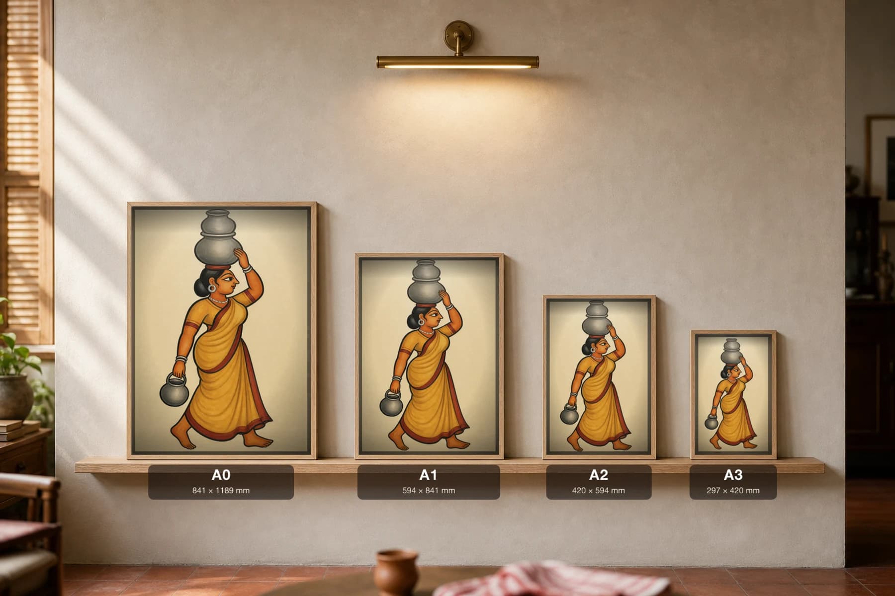 The Milkmaid — Kalighat-style art print of a woman carrying milk pots in a saffron saree, Bengal patua brush · collector edition · framed A2 — print size guide showing the artwork at A0, A1, A2 and A3 in natural-oak frames at true relative scale