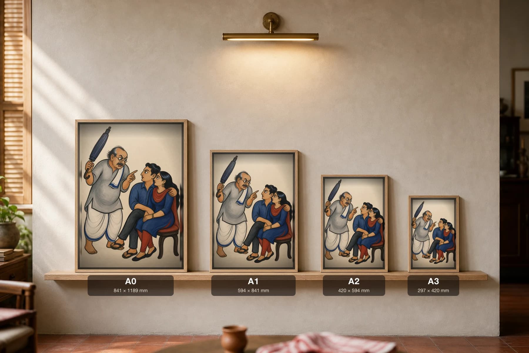 The Moral-Police Jethu — Kalighat-style art print of an outraged uncle brandishing an umbrella at a young couple, Bengal patua brush · collector edition · framed A2 — print size guide showing the artwork at A0, A1, A2 and A3 in natural-oak frames at true relative scale