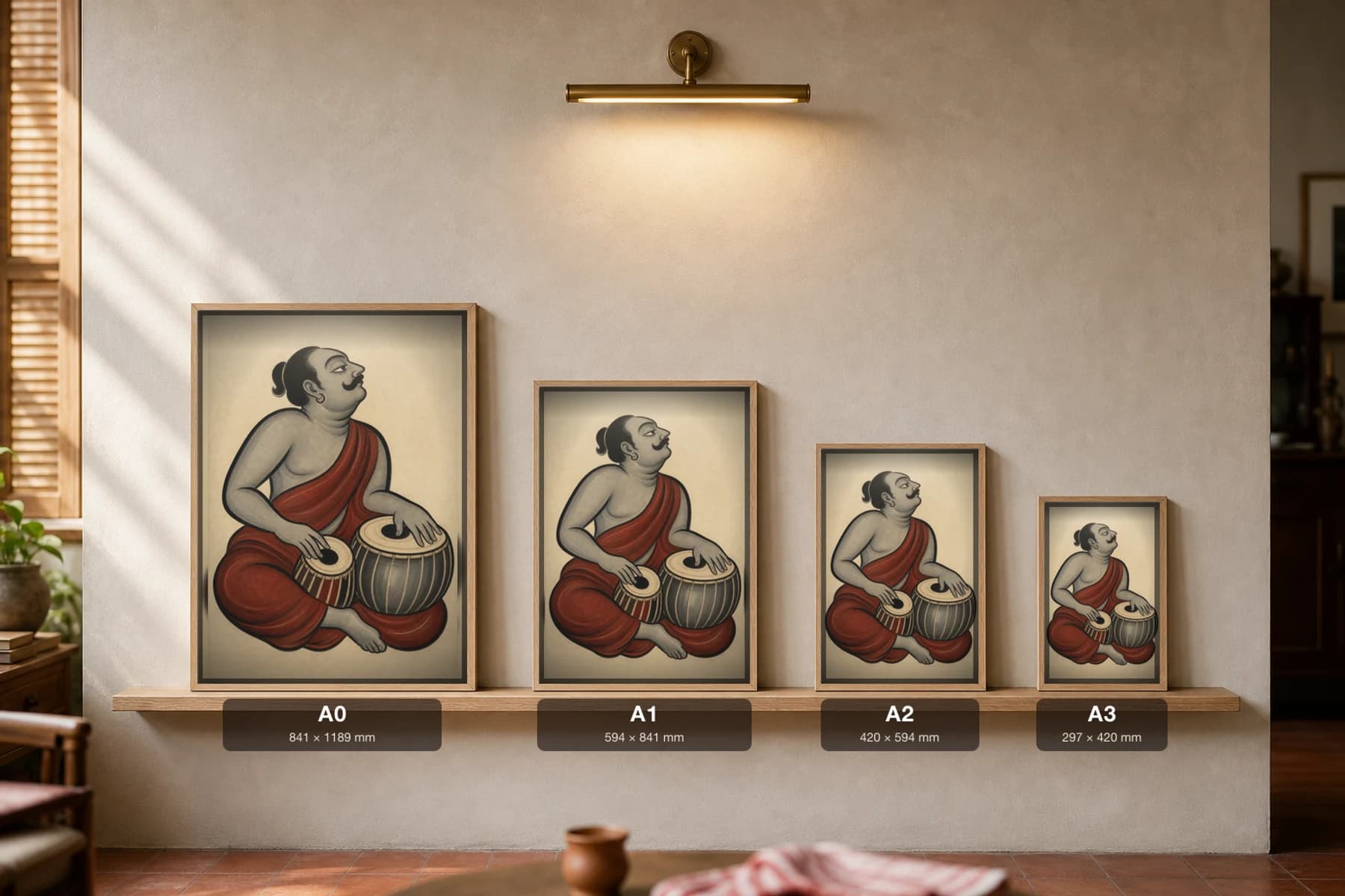 The Ostad — Kalighat-style art print of a seated tabla player mid-bol, Bengal patua brush · collector edition · framed A2 — print size guide showing the artwork at A0, A1, A2 and A3 in natural-oak frames at true relative scale