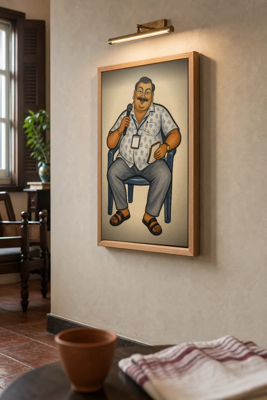 The Pandal Dada — Kalighat-style art print of the puja-committee chief enthroned in a plastic chair with mic and lanyard, Bengal patua brush · collector edition · framed A2 — the framed print shown at a three-quarter angle on a styled gallery wall in a natural-oak frame