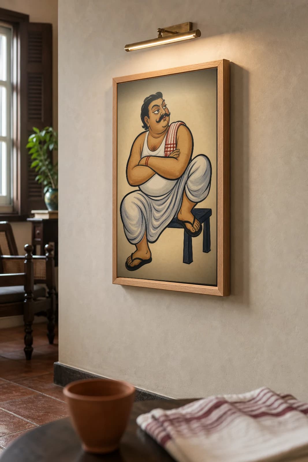 The Para Dada — Kalighat-style art print of the neighbourhood club strongman lounging on a bench, Bengal patua brush · collector edition · framed A2 — the framed print shown at a three-quarter angle on a styled gallery wall in a natural-oak frame