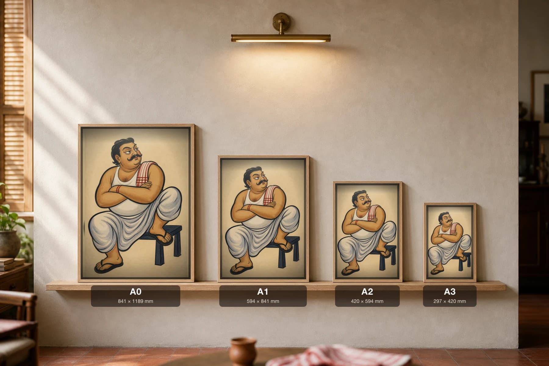 The Para Dada — Kalighat-style art print of the neighbourhood club strongman lounging on a bench, Bengal patua brush · collector edition · framed A2 — print size guide showing the artwork at A0, A1, A2 and A3 in natural-oak frames at true relative scale