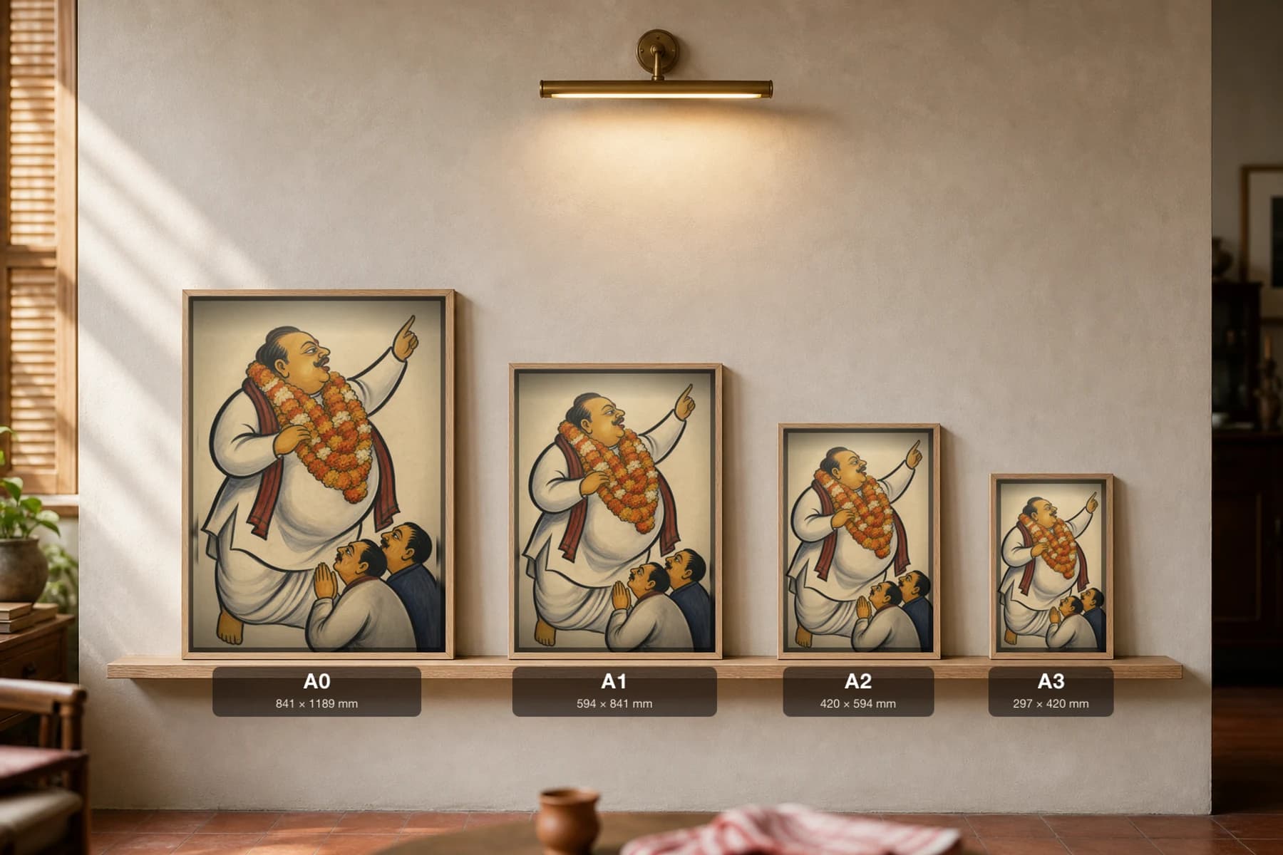 The Neta — Kalighat-style art print of a garlanded politician mid-speech with two sycophants, Bengal patua brush · collector edition · framed A2 — print size guide showing the artwork at A0, A1, A2 and A3 in natural-oak frames at true relative scale