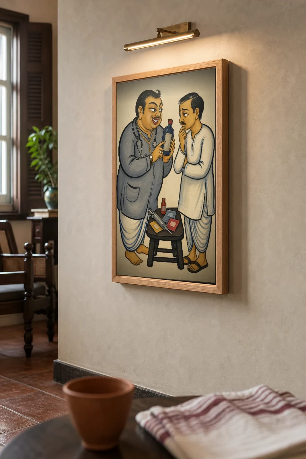 The Hature Daktar — Kalighat-style art print of a quack doctor selling a tonic to a worried patient, Bengal patua brush · collector edition · framed A2 — the framed print shown at a three-quarter angle on a styled gallery wall in a natural-oak frame