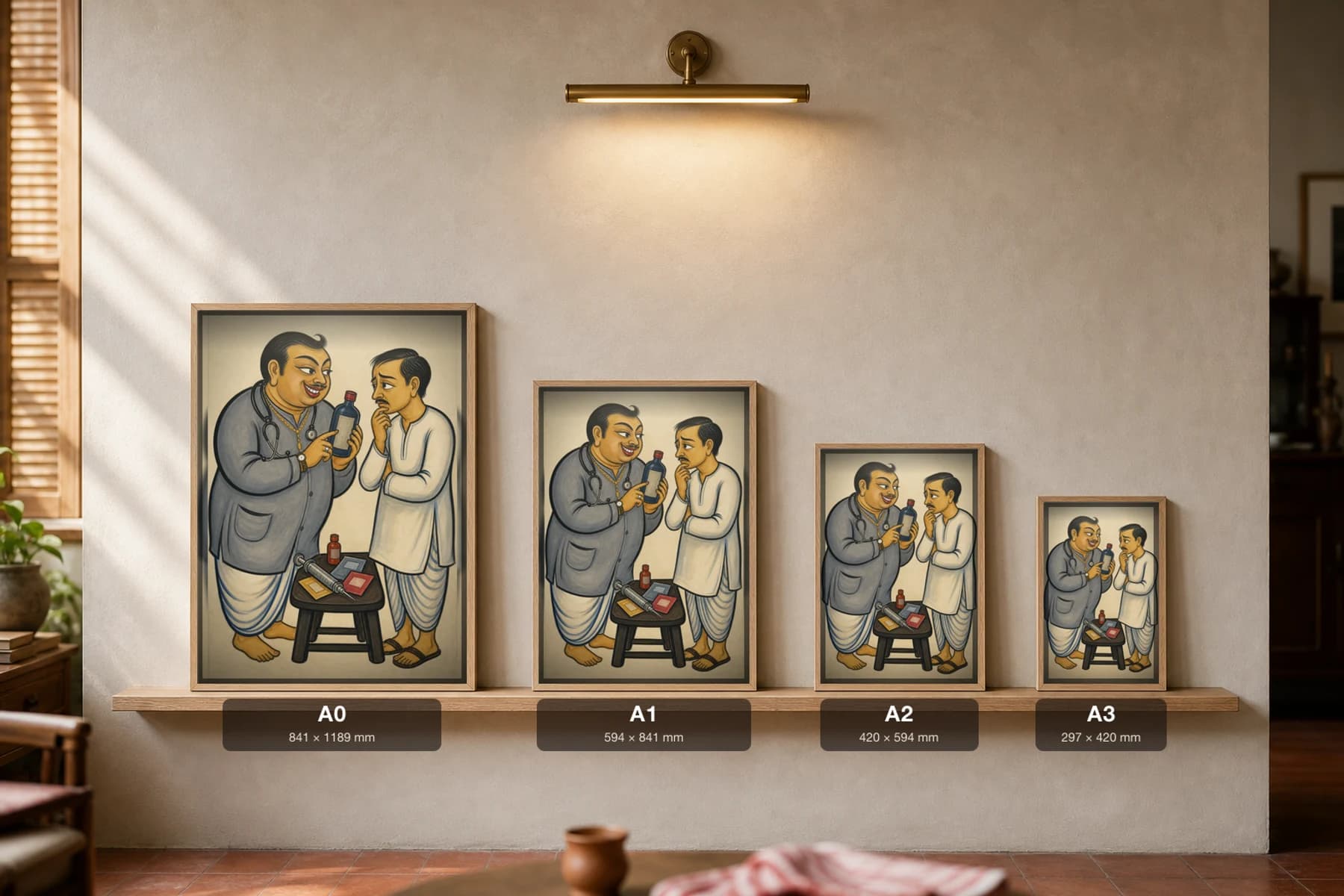 The Hature Daktar — Kalighat-style art print of a quack doctor selling a tonic to a worried patient, Bengal patua brush · collector edition · framed A2 — print size guide showing the artwork at A0, A1, A2 and A3 in natural-oak frames at true relative scale