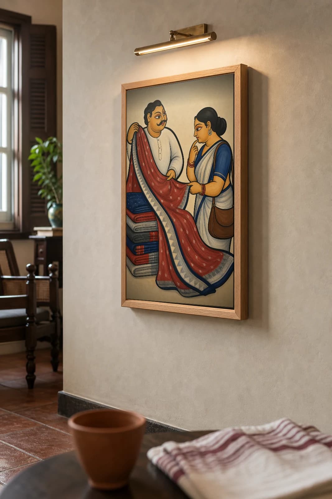 The Saree-Shop — Kalighat-style art print of a shopkeeper unfurling a saree for a deliberating customer, Bengal patua brush · collector edition · framed A2 — the framed print shown at a three-quarter angle on a styled gallery wall in a natural-oak frame