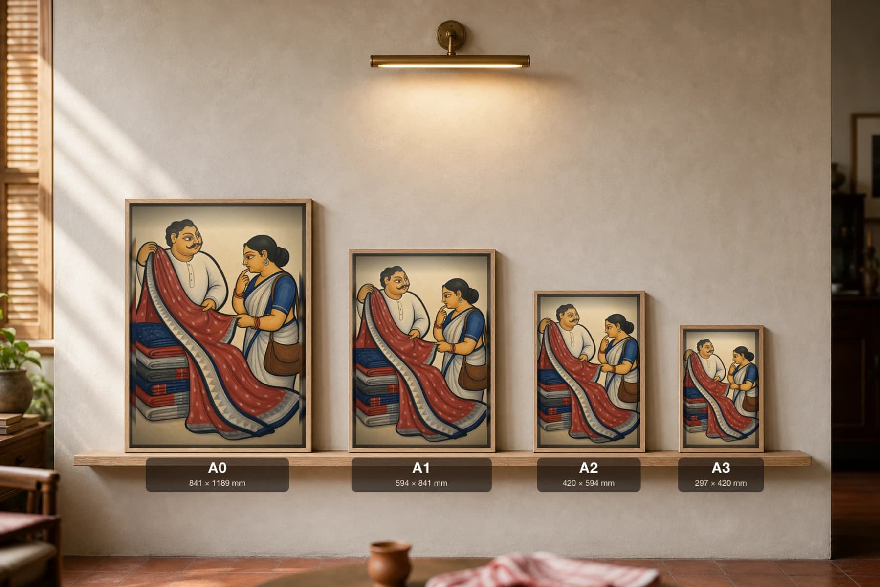 The Saree-Shop — Kalighat-style art print of a shopkeeper unfurling a saree for a deliberating customer, Bengal patua brush · collector edition · framed A2 — print size guide showing the artwork at A0, A1, A2 and A3 in natural-oak frames at true relative scale