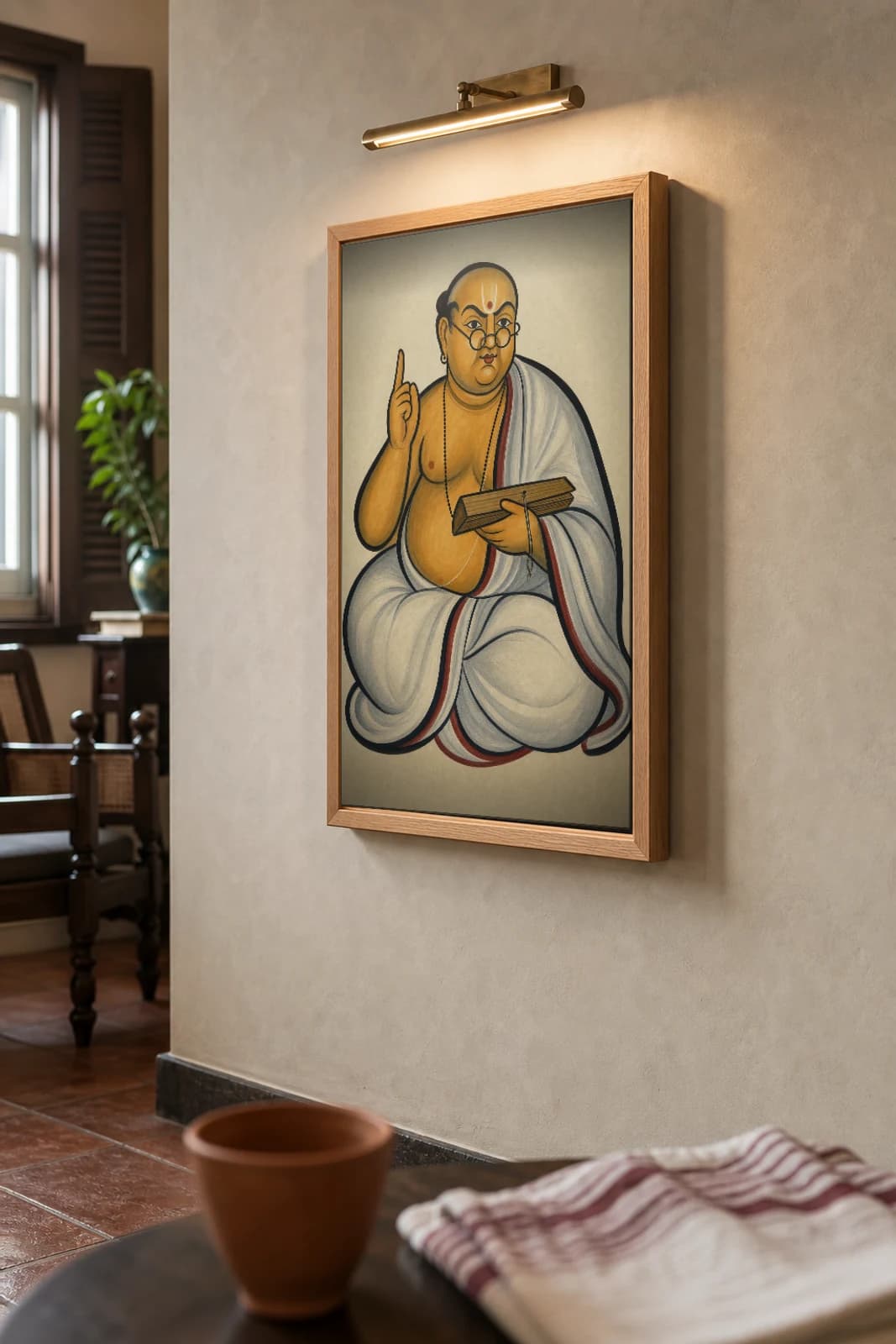 The Pandit — Kalighat-style art print of a seated scholar making a point over his manuscript, Bengal patua brush · collector edition · framed A2 — the framed print shown at a three-quarter angle on a styled gallery wall in a natural-oak frame