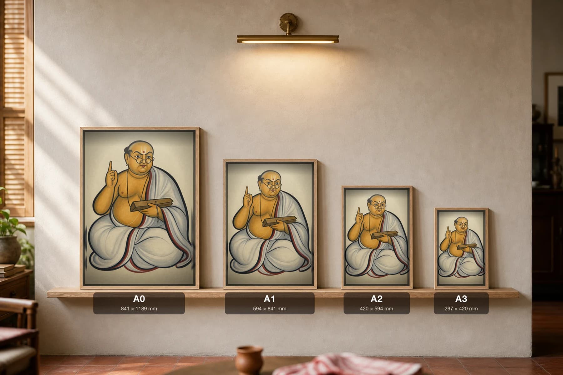 The Pandit — Kalighat-style art print of a seated scholar making a point over his manuscript, Bengal patua brush · collector edition · framed A2 — print size guide showing the artwork at A0, A1, A2 and A3 in natural-oak frames at true relative scale