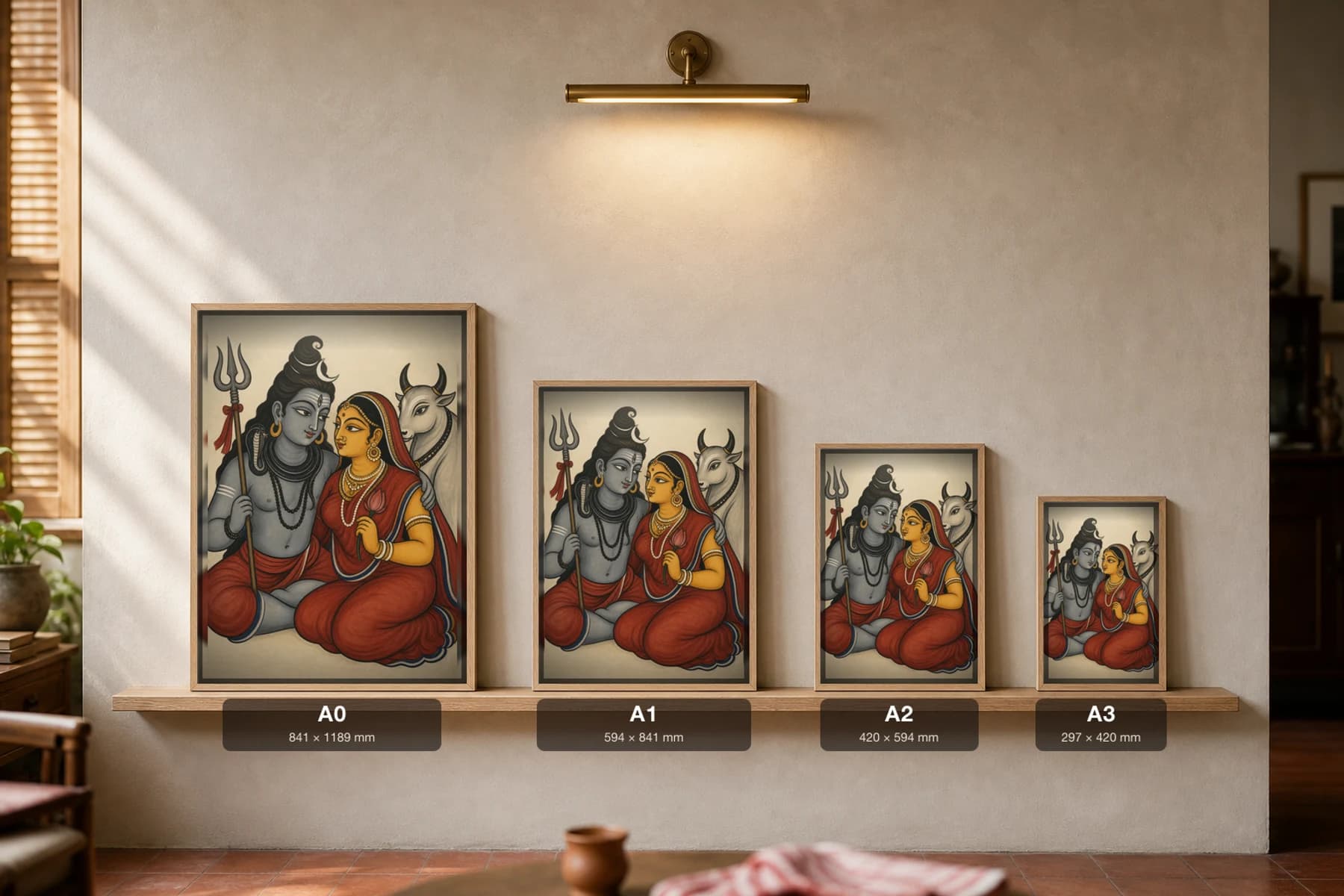 Hara Gauri — Kalighat-style devotional art print of Shiva and Parvati seated with Nandi, Bengal patua brush · collector edition · framed A2 — print size guide showing the artwork at A0, A1, A2 and A3 in natural-oak frames at true relative scale