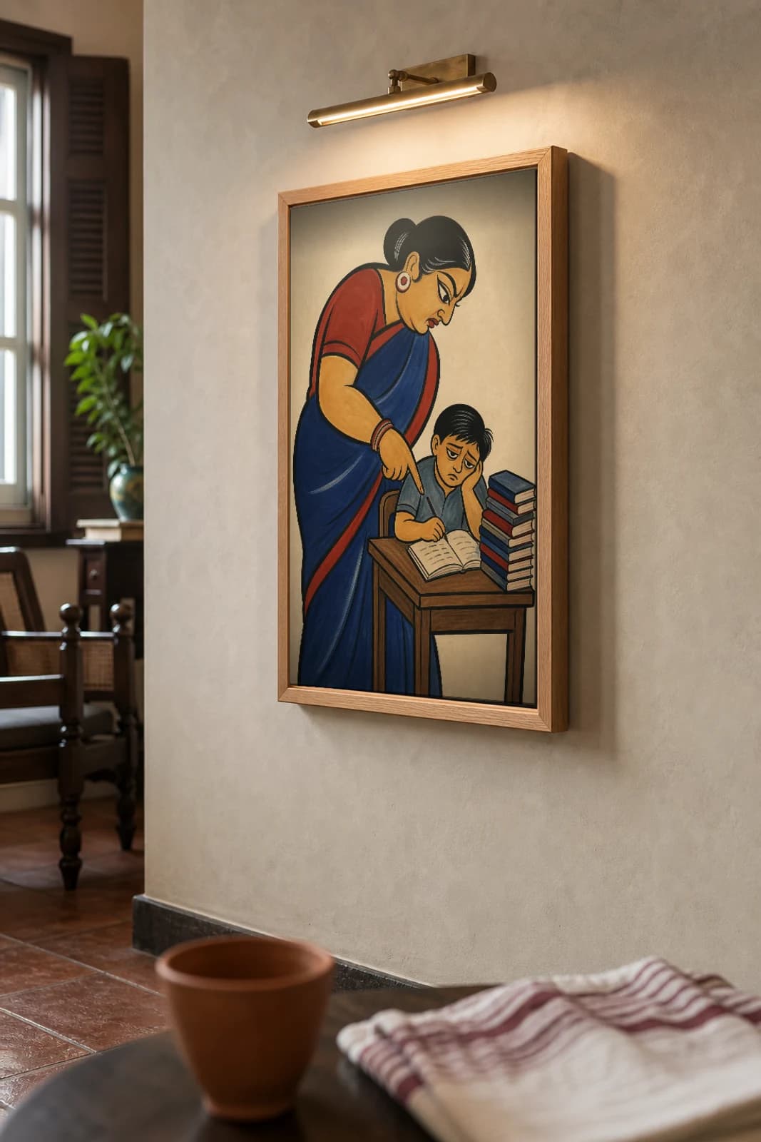 The Exam Tiger-Parent — Kalighat-style art print of a mother driving her son over his books, Bengal patua brush · collector edition · framed A2 — the framed print shown at a three-quarter angle on a styled gallery wall in a natural-oak frame