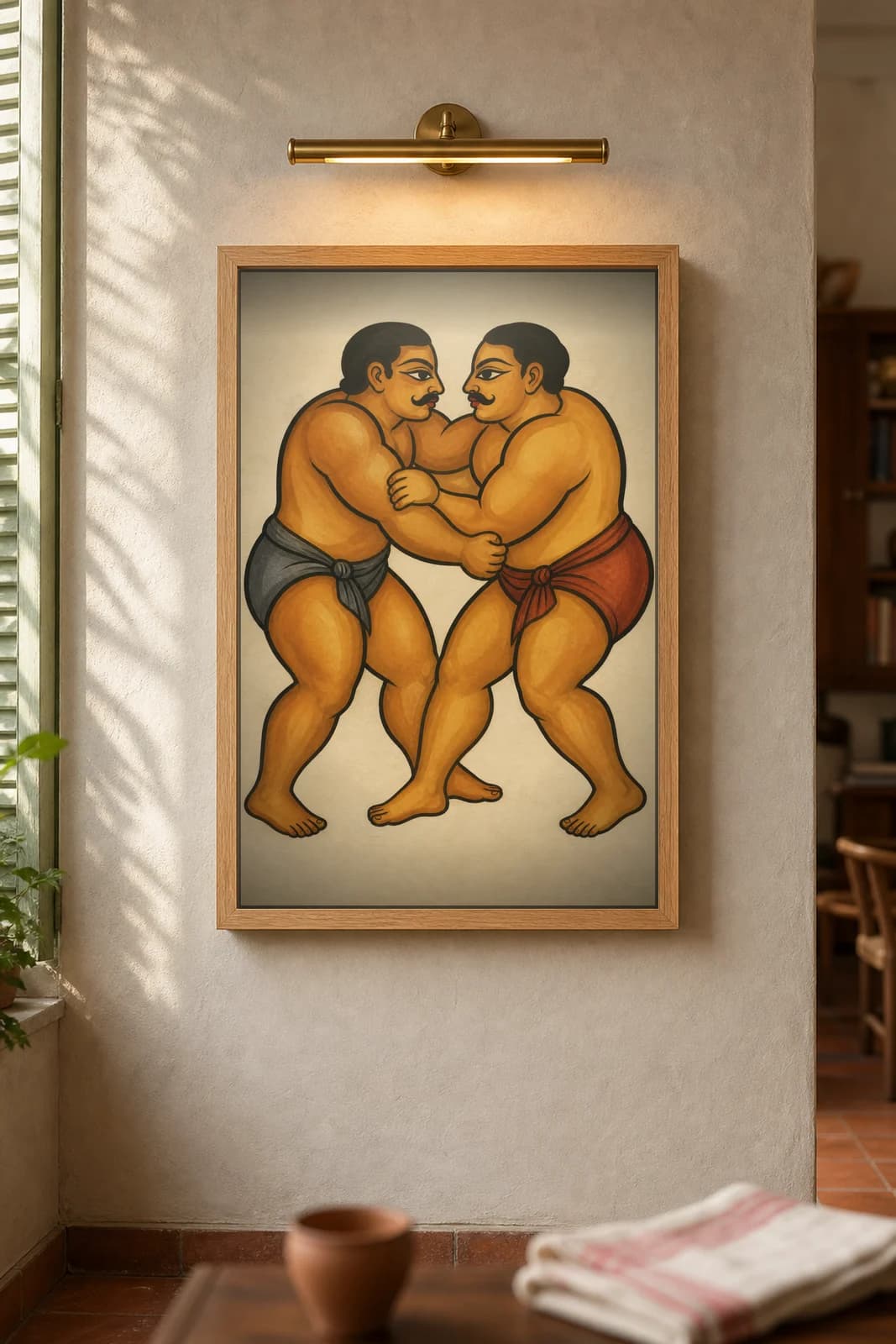 The Wrestlers — framed museum print, Kalighat