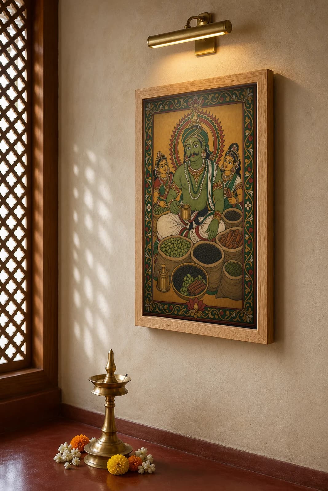 Kerala Spice Vendor Art Print — Malabar pepper, cardamom and cinnamon merchant in flat panchavarna bhitti-chitra style, collector edition of 500 — the framed print shown at a three-quarter angle on a styled gallery wall in a natural-oak frame