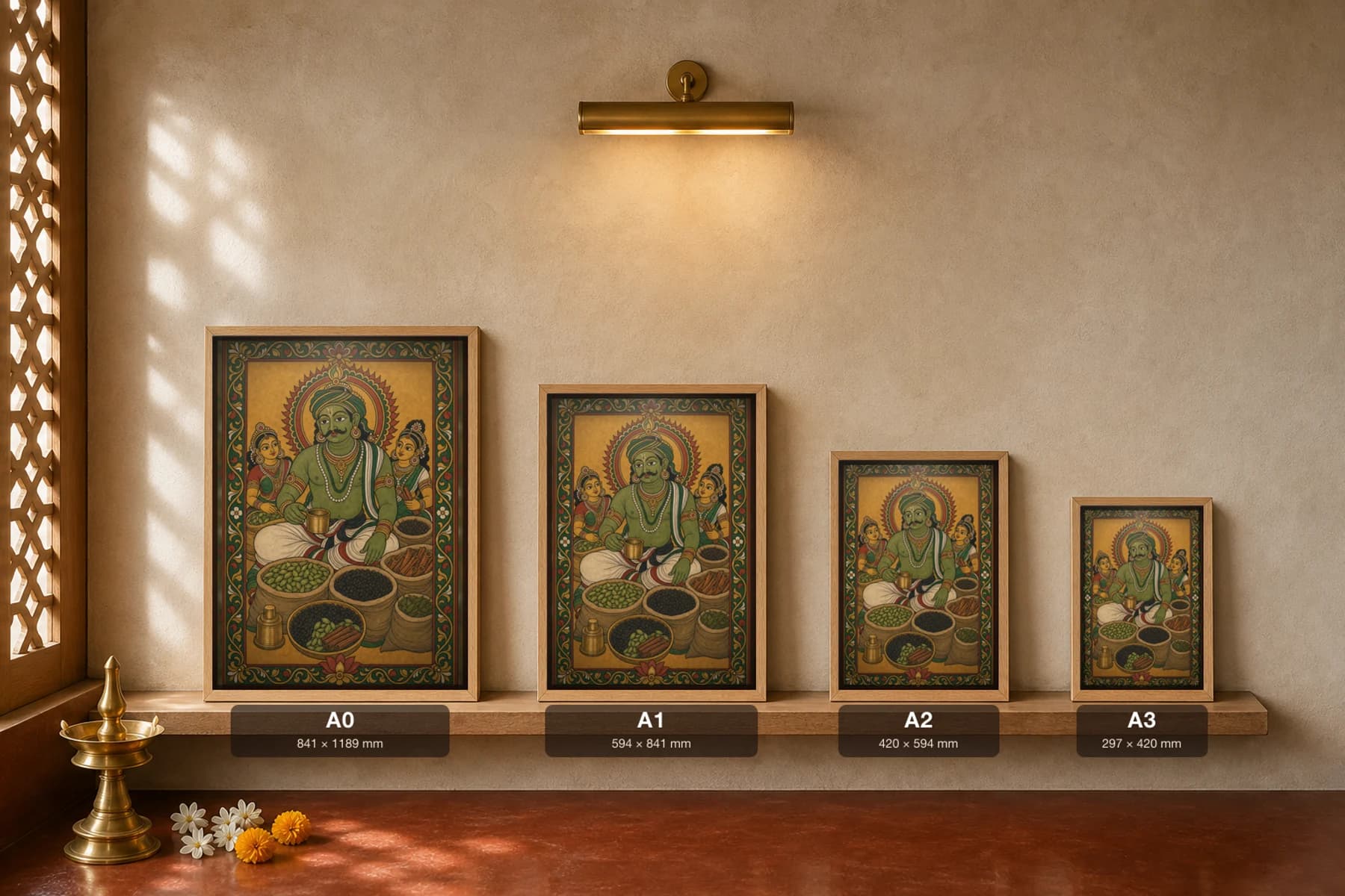 Kerala Spice Vendor Art Print — Malabar pepper, cardamom and cinnamon merchant in flat panchavarna bhitti-chitra style, collector edition of 500 — print size guide showing the artwork at A0, A1, A2 and A3 in natural-oak frames at true relative scale