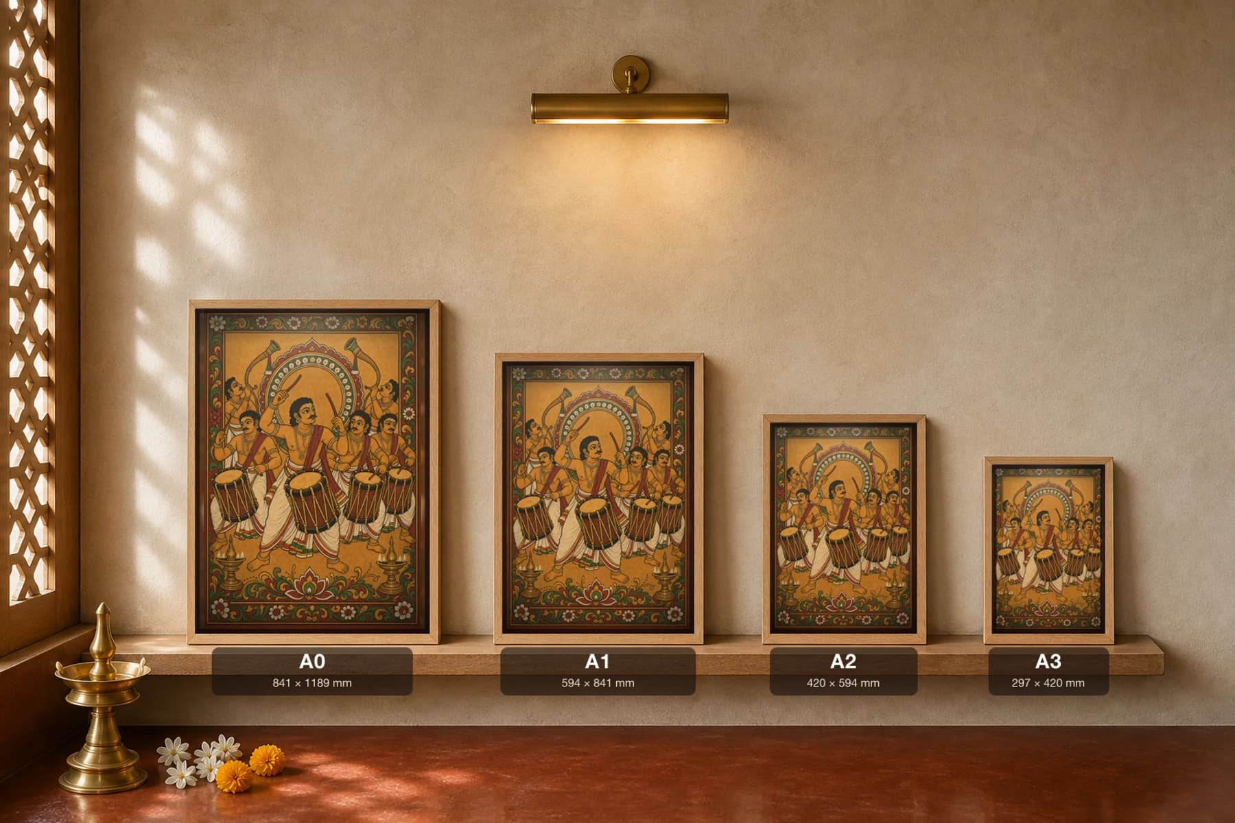 Chenda Melam Kerala Mural Art Print — temple-festival drum ensemble in flat panchavarna bhitti-chitra style, collector edition of 500 — print size guide showing the artwork at A0, A1, A2 and A3 in natural-oak frames at true relative scale