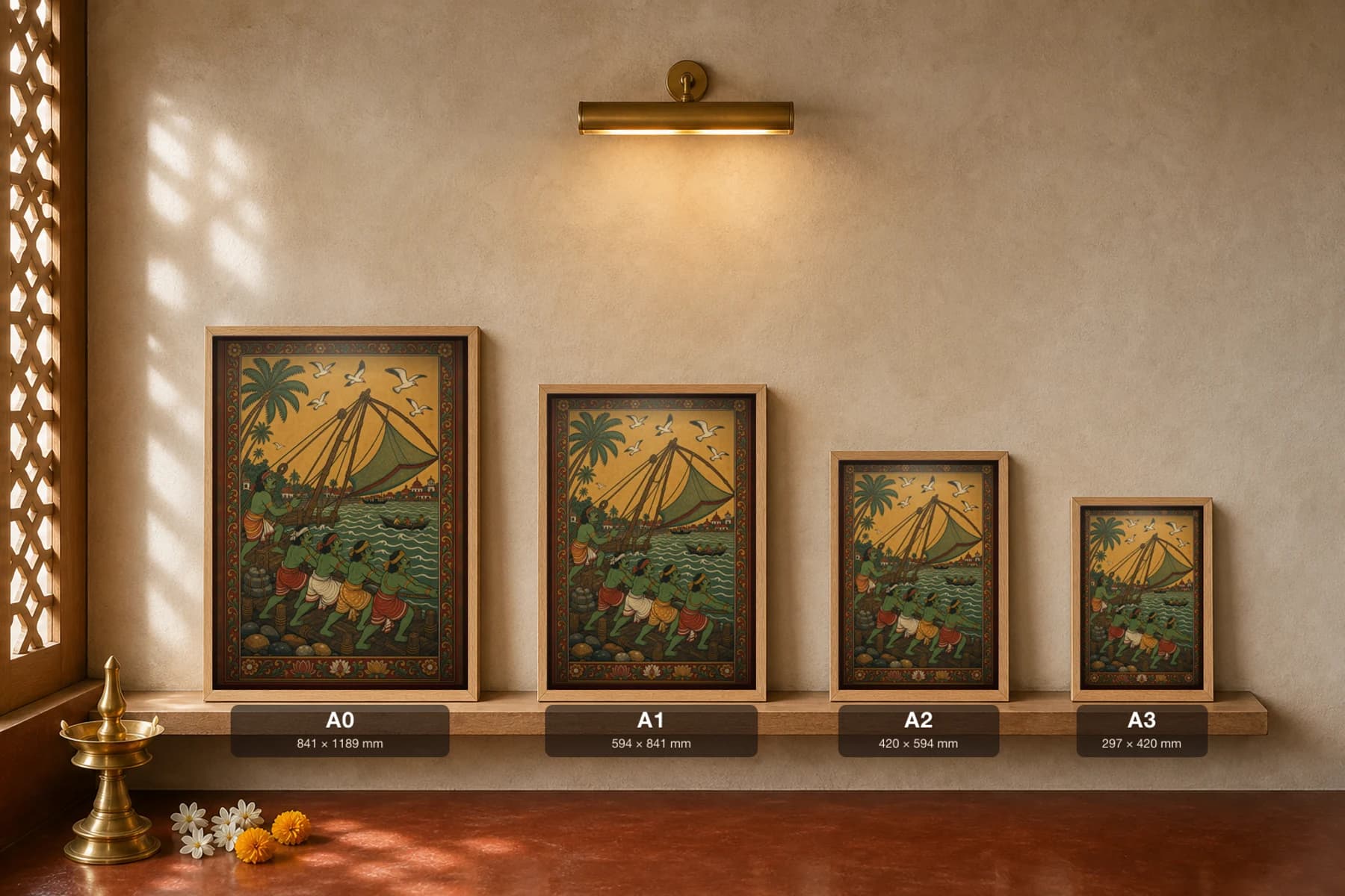 Cheena Vala Kerala Mural Art Print — Fort Kochi Chinese fishing nets in flat panchavarna bhitti-chitra style, collector edition of 500 — print size guide showing the artwork at A0, A1, A2 and A3 in natural-oak frames at true relative scale