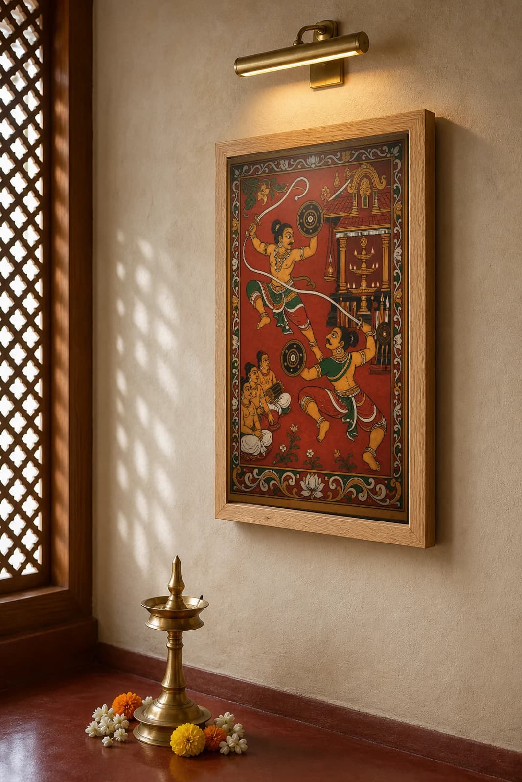 Kalaripayattu Kerala Mural Art Print — sword-and-shield combat pair in flat panchavarna bhitti-chitra style, collector edition of 500 — the framed print shown at a three-quarter angle on a styled gallery wall in a natural-oak frame