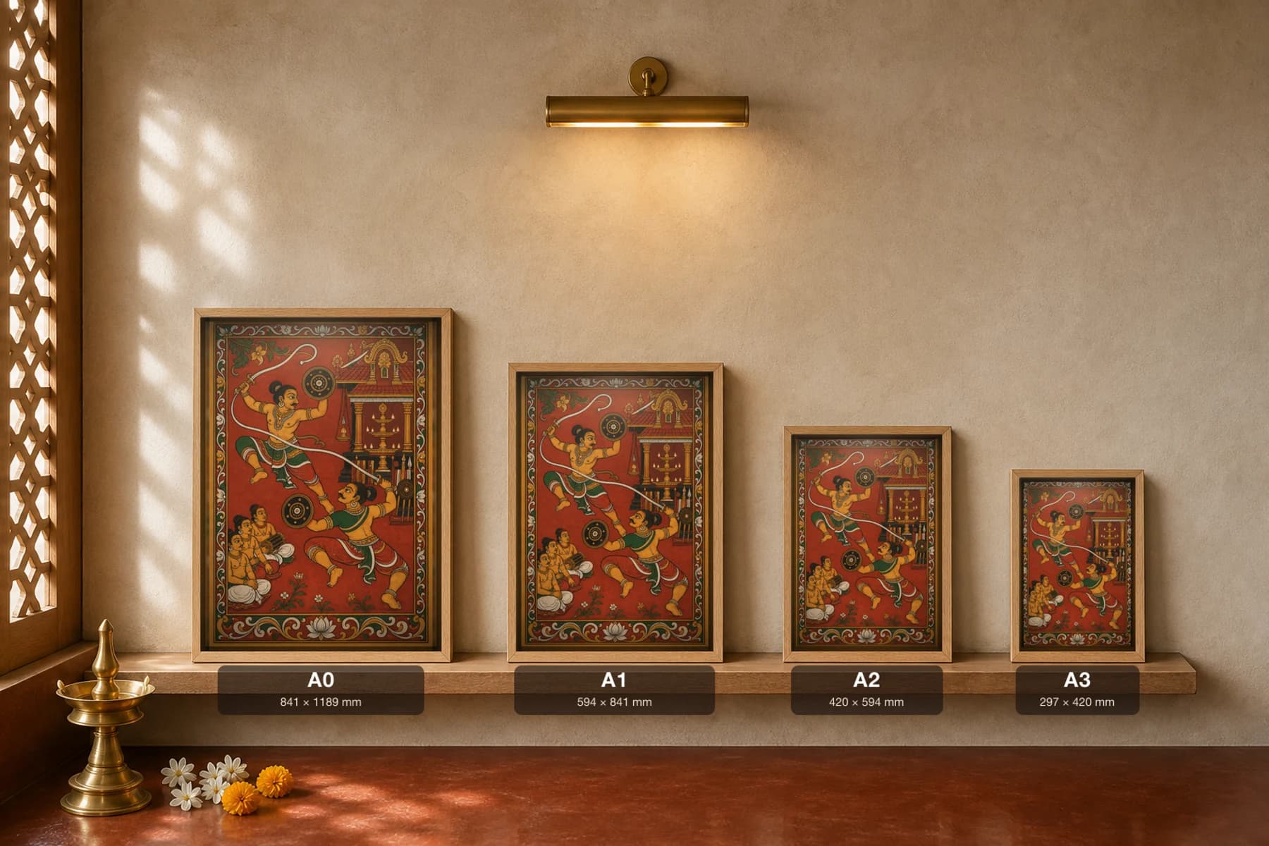 Kalaripayattu Kerala Mural Art Print — sword-and-shield combat pair in flat panchavarna bhitti-chitra style, collector edition of 500 — print size guide showing the artwork at A0, A1, A2 and A3 in natural-oak frames at true relative scale