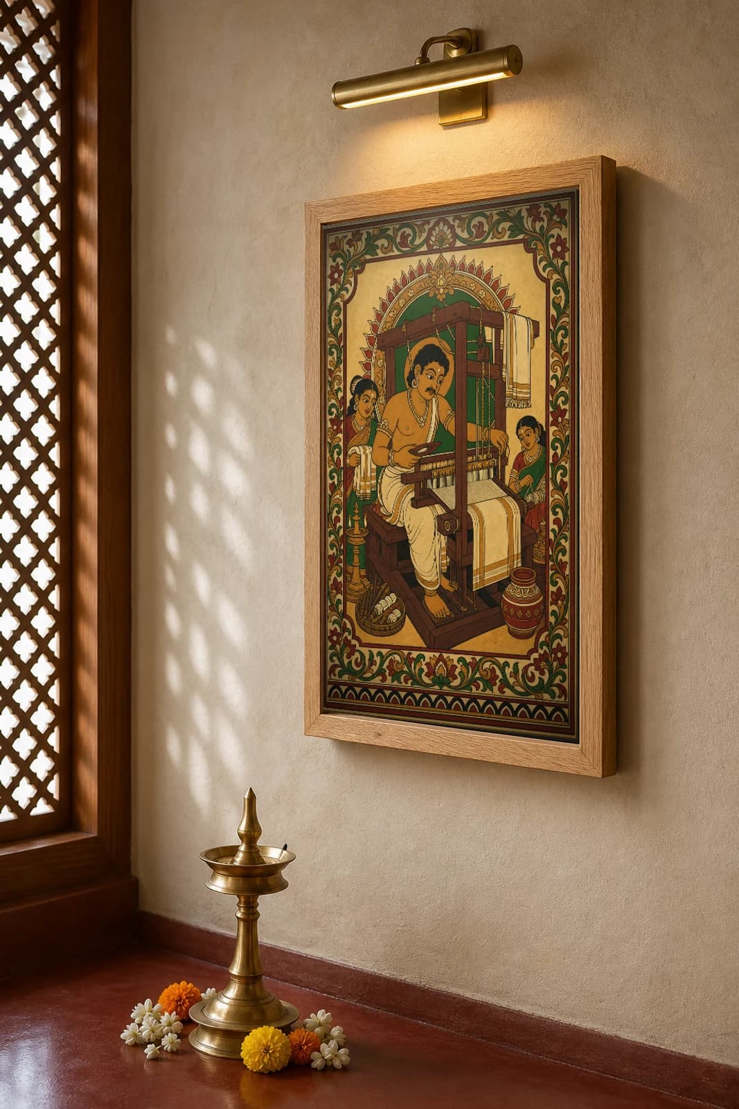 Kasavu Weaver Kerala Mural Art Print — handloom weaving the gold-bordered kasavu cloth, flat panchavarna bhitti-chitra style, collector edition of 500 — the framed print shown at a three-quarter angle on a styled gallery wall in a natural-oak frame