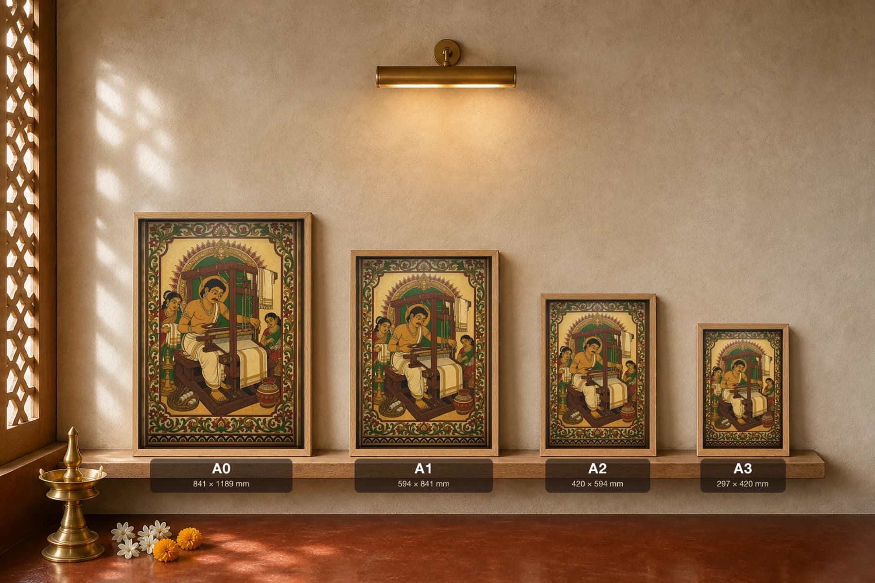 Kasavu Weaver Kerala Mural Art Print — handloom weaving the gold-bordered kasavu cloth, flat panchavarna bhitti-chitra style, collector edition of 500 — print size guide showing the artwork at A0, A1, A2 and A3 in natural-oak frames at true relative scale