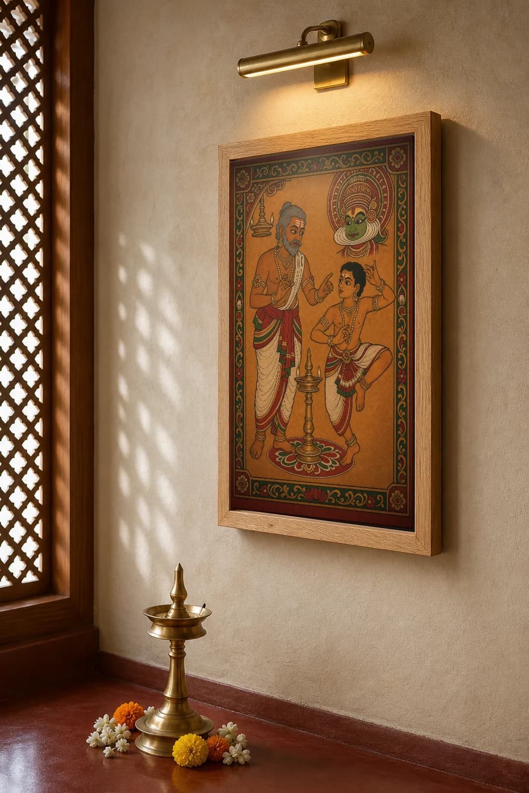 Kathakali Guru & Child Kerala Mural Art Print — mudra lesson by the lamp, flat panchavarna bhitti-chitra style, collector edition of 500 — the framed print shown at a three-quarter angle on a styled gallery wall in a natural-oak frame